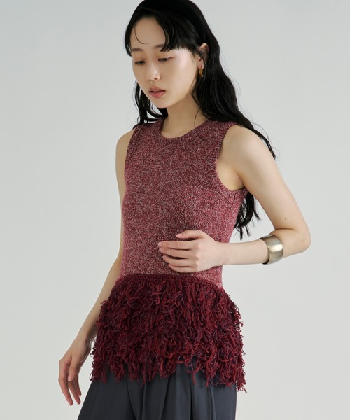 Ezick ベスト ジレ Fringe mix knit/ノースリーブヘムフリンジニット