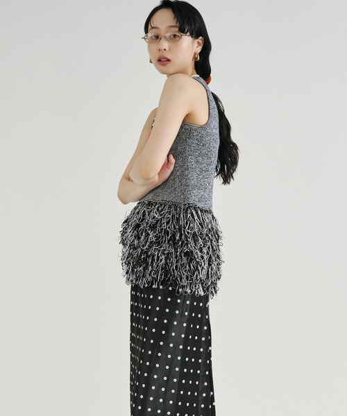 Ezick ベスト ジレ Fringe mix knit/ノースリーブヘムフリンジニット