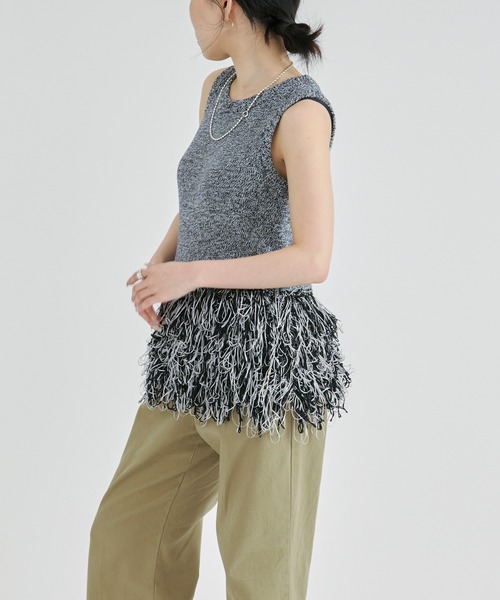 Ezick ベスト ジレ Fringe mix knit/ノースリーブヘムフリンジニット
