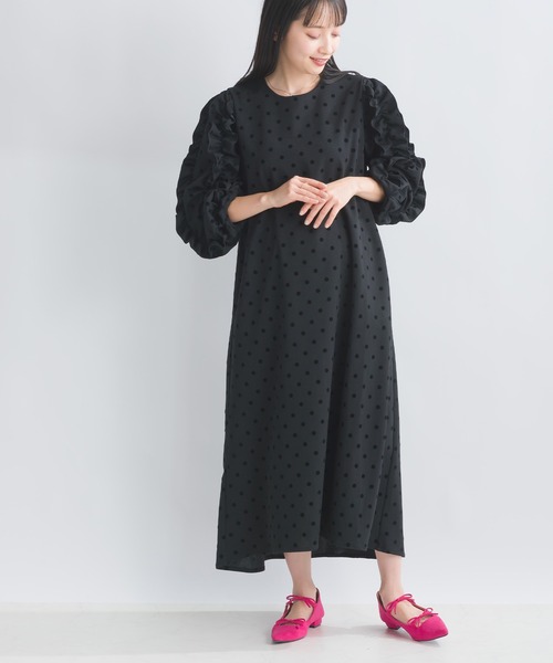 PICCIN PERLA ワンピース 袖フリル付きフロッキードットワンピース 
