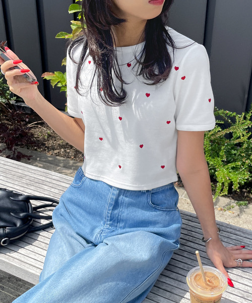tシャツ テレコショート丈ハート総刺繍TEE レディース
