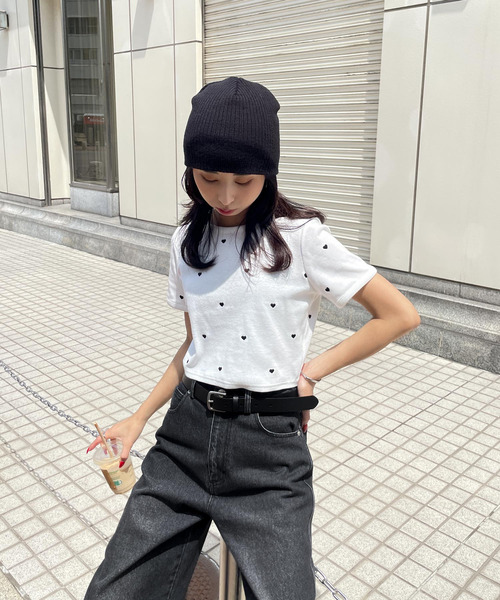 tシャツ テレコショート丈ハート総刺繍TEE レディース