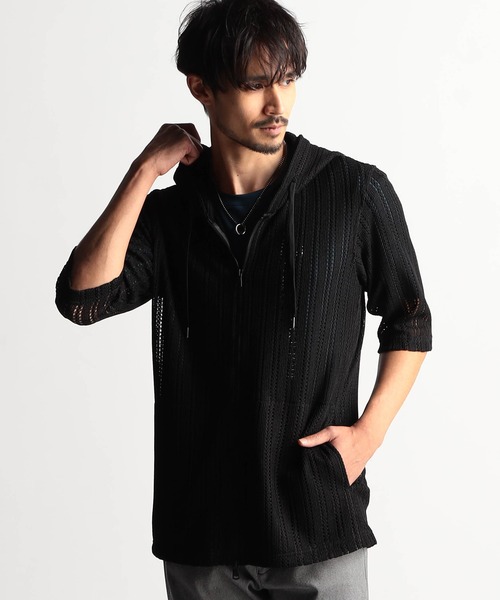 NICOLE CLUB FOR MEN パーカー ラッセルレース5分袖パーカー