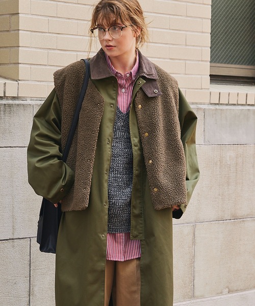 美品 45R 現行 モッズステンカラーコート 丸襟 カーキ コットン MONO-MART LADY'S」 ステンカラーコート FREE カーキ レディース
