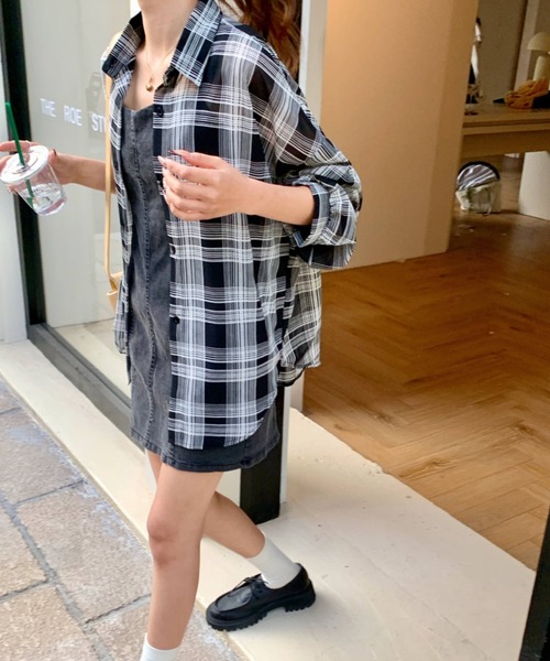 ブラウス シャツ チェックルーズシャツ レディース ブラウス シャツ セミシアーチェックルーズシャツ レディース