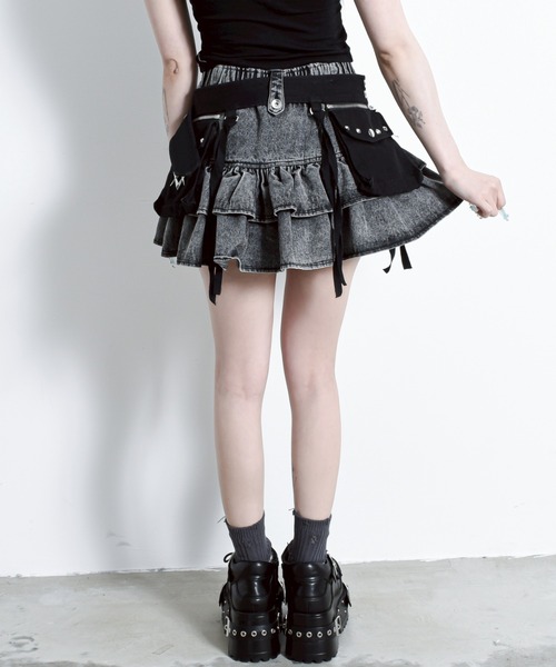 REFLEM レフレム 弾丸ベルト付きフリルスカート デニム グレー REFLEM/レフレム』弾丸ベルト付きフリルスカート（スカート