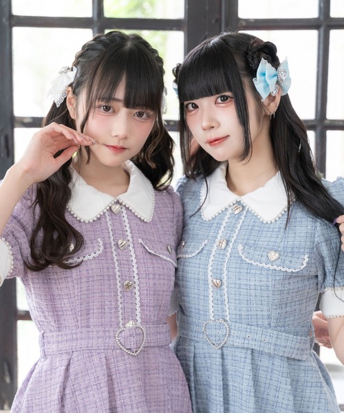DearMyLove ワンピース 夏 半袖 サマーツイードハートパールワンピース