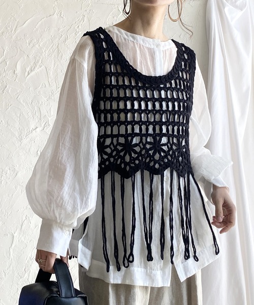 She's Closet ベスト ジレ ショート丈フリンジかぎ編みクロシェ