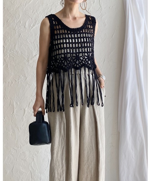 She's Closet ベスト ジレ ショート丈フリンジかぎ編みクロシェ