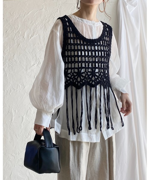 She's Closet ベスト ジレ ショート丈フリンジかぎ編みクロシェ