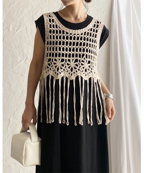 ベスト ジレ 裾フリンジボーダーチュニック丈ニットベスト レディース She's Closet ベスト ジレ ショート丈フリンジかぎ編みクロシェ