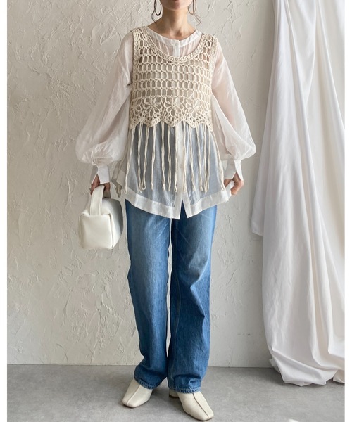 She's Closet ベスト ジレ ショート丈フリンジかぎ編みクロシェ