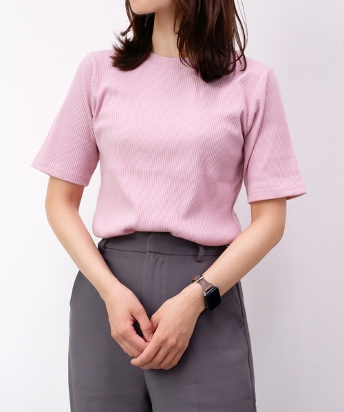 CLOTHY tシャツ 半袖 「大人のベーシックカットソー」テレコ5分袖リブT