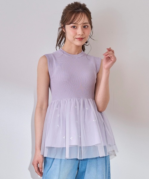 ニット セーター 2025春夏新作 チュールレイヤードビジューペプラムニット レディース