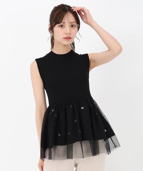 ニット セーター チュールレイヤードパフスリーブペプラムニットトップス レディース 31 Sons de mode ニット セーター 2025春夏新作 チュール