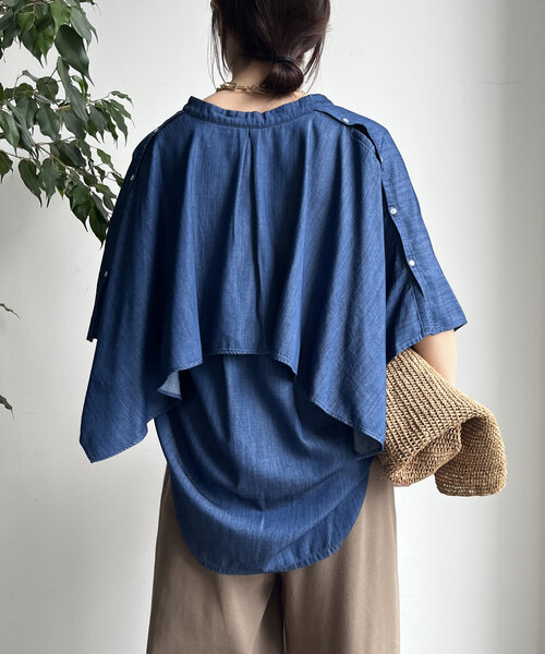 ブラウス シャツ 「WEB限定」 リヨセルデニムプリーツ切替シャツ レディース DouDou ブラウス シャツ 「WEB限定」コットンレーヨンフリル