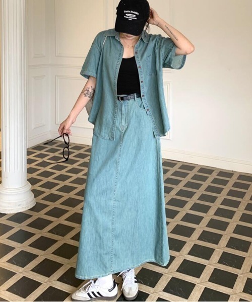 セットアップ デニム ショートスリーブ シャツ ロングスカート