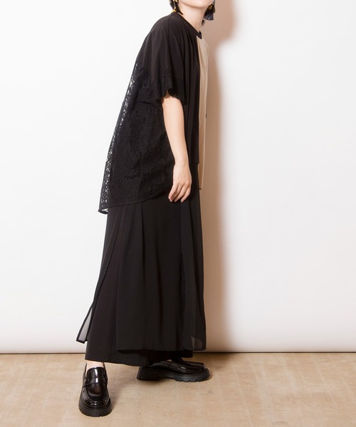 新品オズモーシス レースモチーフ カットソー黒 OSMOSIS tシャツ レース切替ビッグTシャツ レディース