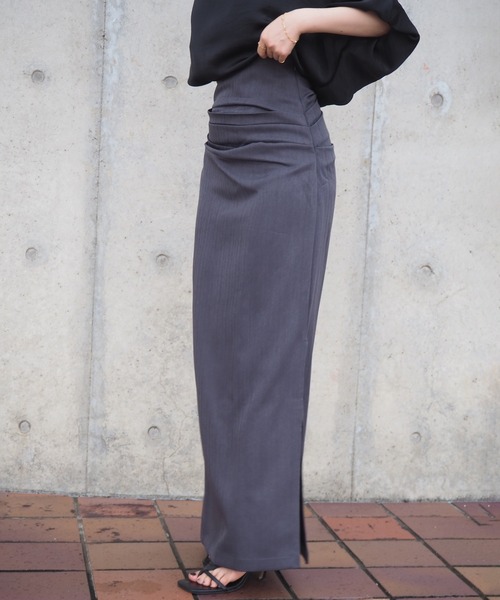 グレー スリット入り ロングスカート ロング スカート tuck gather side slit skirt /タックギャザーサイド