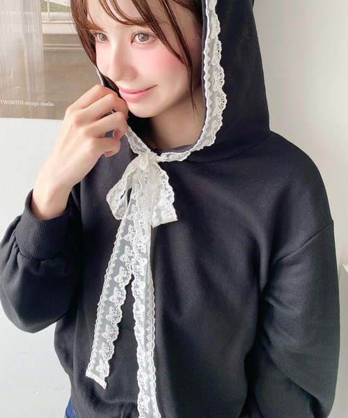 ポケットおリボンが可愛い上質コットンロングパーカー パーカー 「HOOK」for girls リボン編み上げジップパーカー レディース