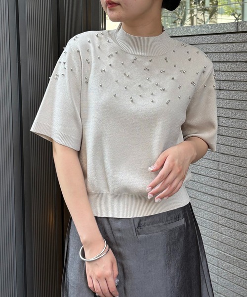 ニット セーター 「＆g'aime」ビジューハーフスリーブニット　Bijou Knit Pullover レディース &g'aime ニット セーター 「＆g'aime」ビジューハーフスリーブ