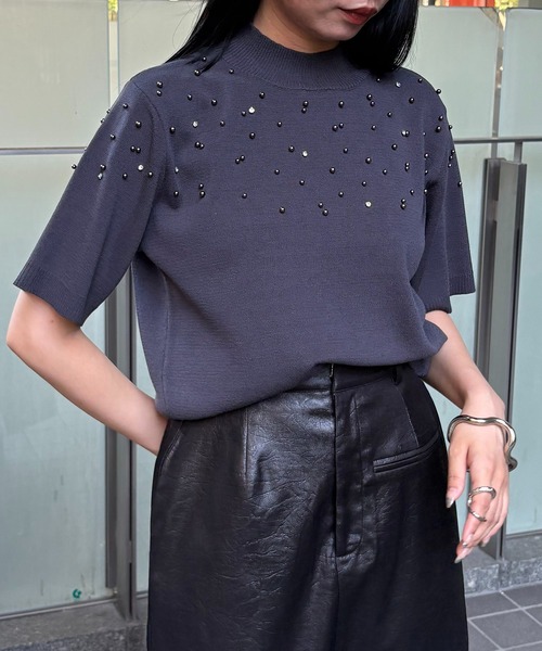 ニット セーター 「＆g'aime」ビジューハーフスリーブニット　Bijou Knit Pullover レディース