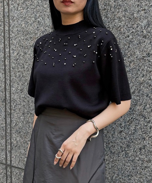 ニット セーター 「＆g'aime」ビジューハーフスリーブニット　Bijou Knit Pullover レディース &g'aime ニット セーター 「＆g'aime」ビジューハーフスリーブ