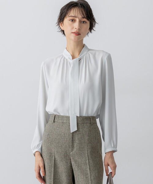 ブラウス シャツ 「洗える」バックサテンアムンゼン ボウタイ