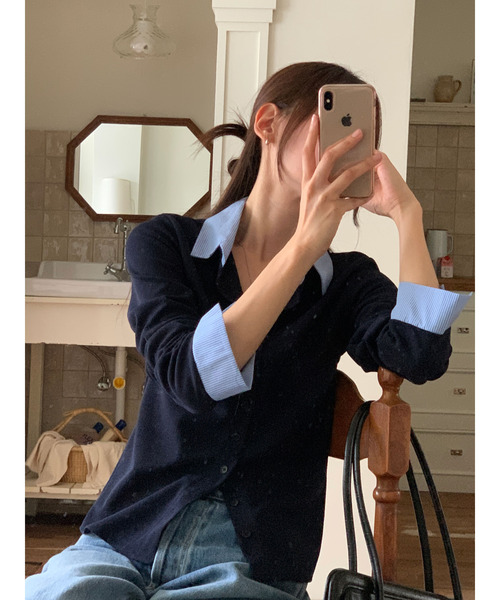 ブラック 長袖カーディガン シャツカラー セール】限定展開 シャツ レイヤード風 ドッキング ニット