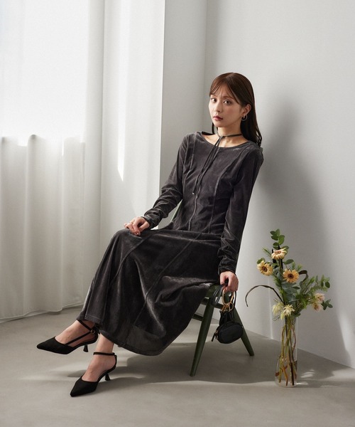 【新品】アンデミュウ　ベロアキリカエラインワンピース Andemiu（アンデミュウ） ワンピース 「沖田愛加さんコラボ/選べる着丈