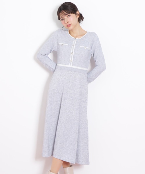 45R 現行 カルゼコットンツィードのドレスワンピース ツイード ロング丈 刺繍 45R ハケ目ガーゼツイード刺繍ワンピース 新品未使用品 ツイード