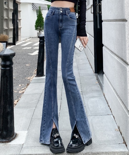 ジーンズ デニム デニムパンツ 美脚 ストレッチ スリット フレアデニム