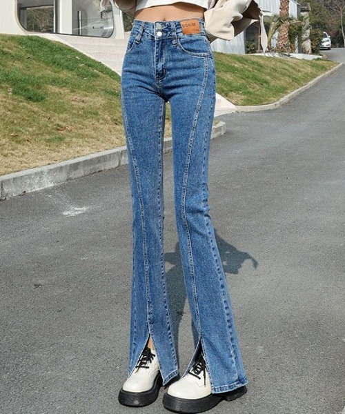 ジーンズ デニム デニムパンツ 美脚 ストレッチ スリット フレアデニム