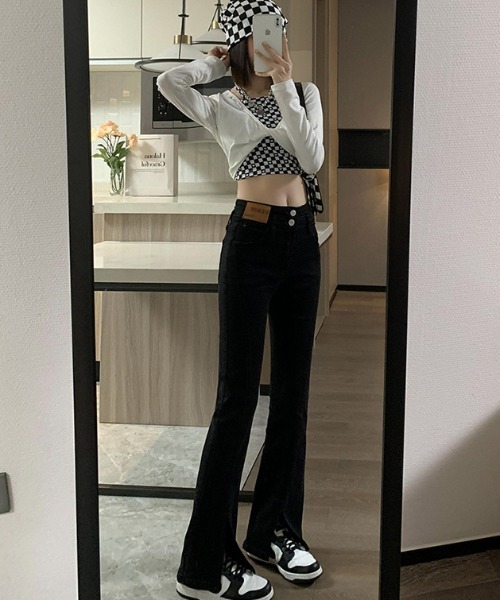 ジーンズ デニム デニムパンツ 美脚 ストレッチ スリット フレアデニム