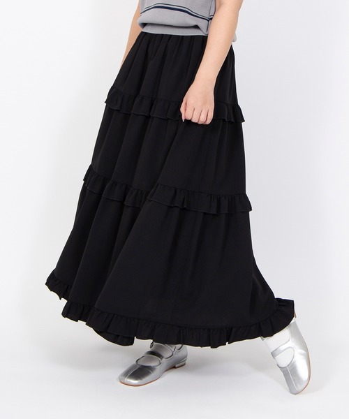 美品！Y's フリル付きブラックロングスカート PUNYUS（プニュズ） スカート フリルティアードロングスカート