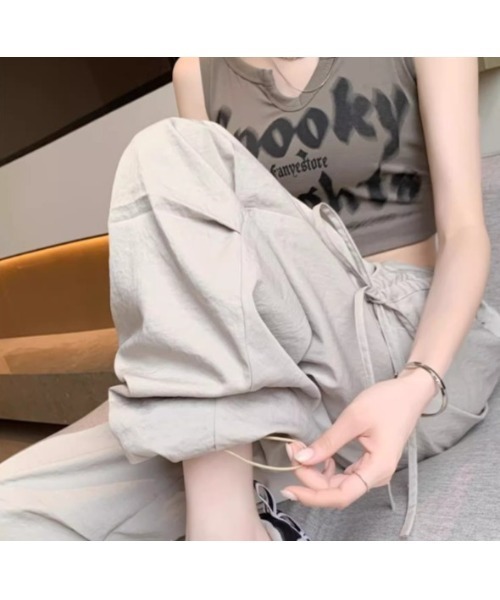 グレー カーゴパンツ ドローコード付き-よページ カーゴパンツ ドローコードイージーパンツ レディース メンズ
