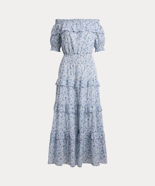 ワンピース フローラル ボイル オフザショルダー ドレスの画像