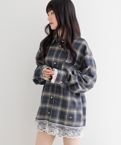 ロージーモンスター　チェック柄 レース襟 長袖ブラウス　トリムシャツ　グレー Heather（ヘザー） ブラウス シャツ 2WAYレーストリムBIGシャツ