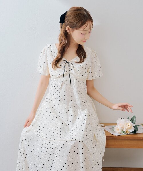 continuer de NICE CLAUP ワンピース 半袖 ドット柄アシンメトリー