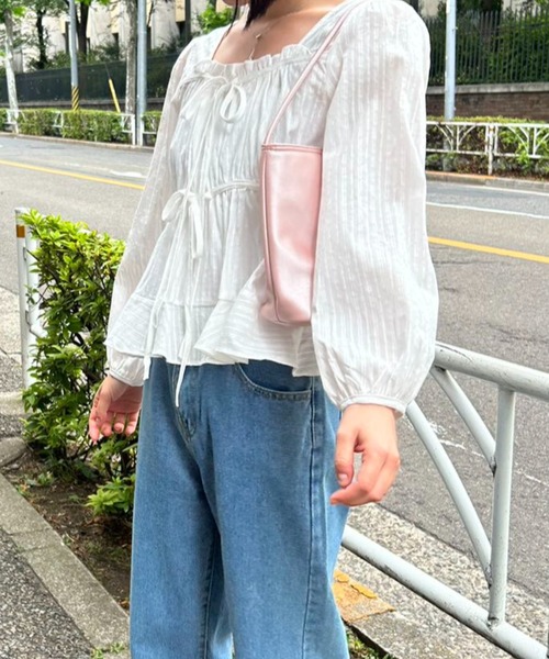 S．ベージュ 【フロントリボン】ブラウス 長袖 9分袖 ジョー