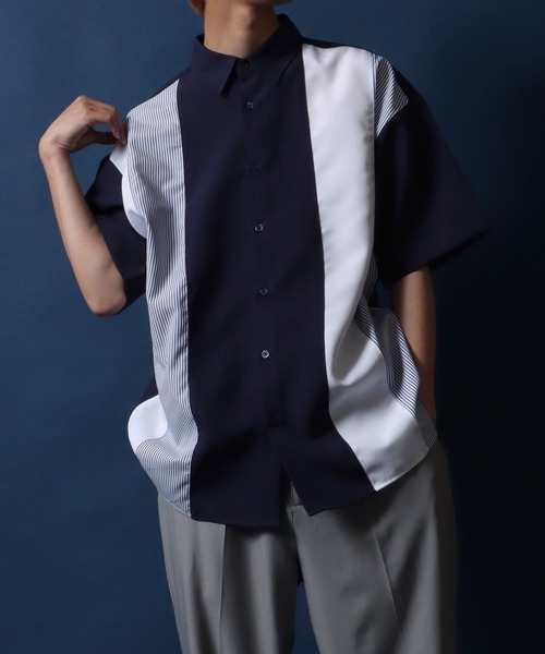 民族風 個性派シャツ 切り替え ハンサム ストライプ ゆったり ANPAS シャツ Material Mix Color Switching Design Shirt/異