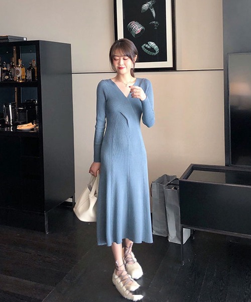 ワンピース Vネック リブニット 長袖ワンピース きれいめ