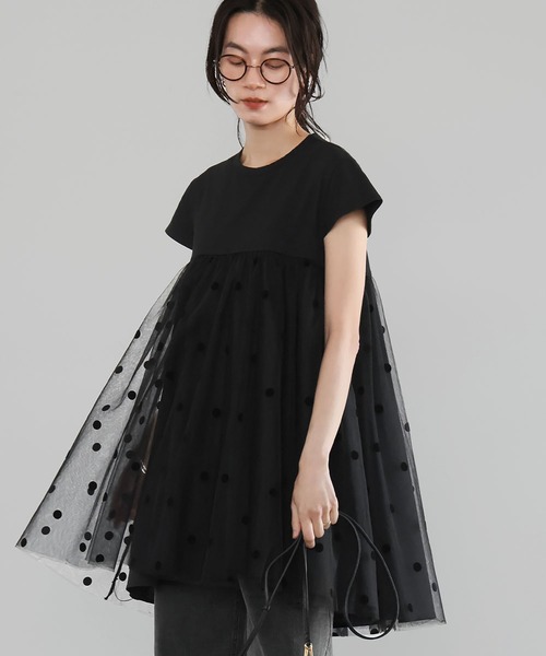 tシャツ ドットチュールドッキングフレアトップス レディース