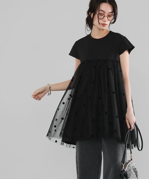 ELFRANK tシャツ ドットチュールドッキングフレアトップス