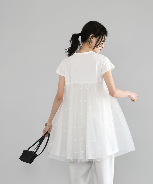 エルフランク ELFRANK ドットチュールドッキングフレアトップス （オフホワイトドット） ELFRANK tシャツ ドットチュールドッキングフレアトップス