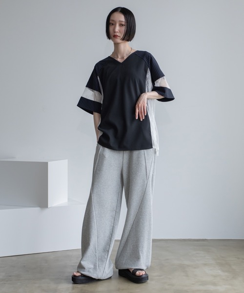 tシャツ レース切替袖カットソー レディース tシャツ Tシャツ レース切替ユニフォームトップス レディース