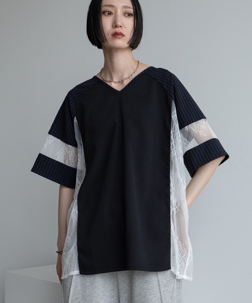 tシャツ レース切替袖カットソー レディース tシャツ Tシャツ レース切替ユニフォームトップス レディース