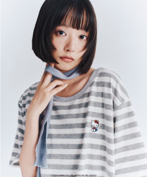 tシャツ KIRSH X HELLO KITTY STRIPE OVERFIT T-SHIRT/キルシー ハローキティ ストライプ Tシャツ レディー tシャツ KIRSH X HELLO KITTY STRIPE OVERFIT T-SHIRT/キルシー