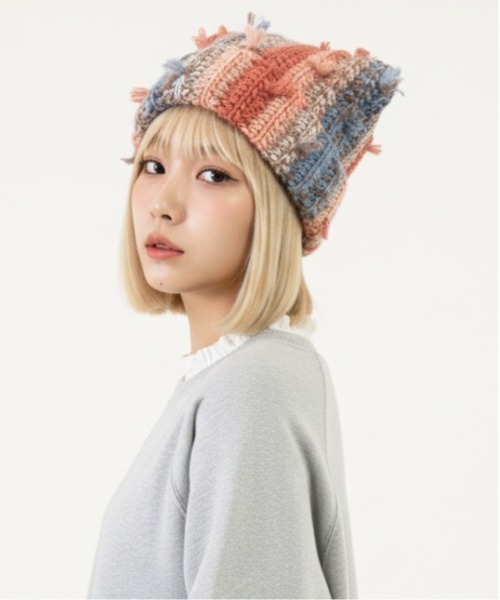 ニット帽 ニットキャップ 「HIKA」マルチストライプMIX編み猫耳ニット
