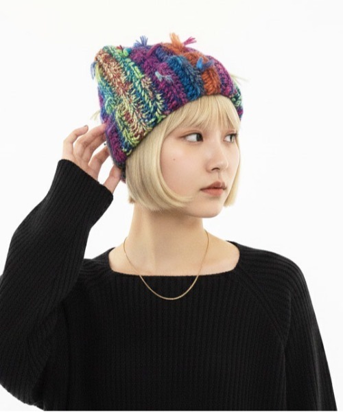 ニット帽 ニットキャップ 「HIKA」マルチストライプMIX編み猫耳ニット